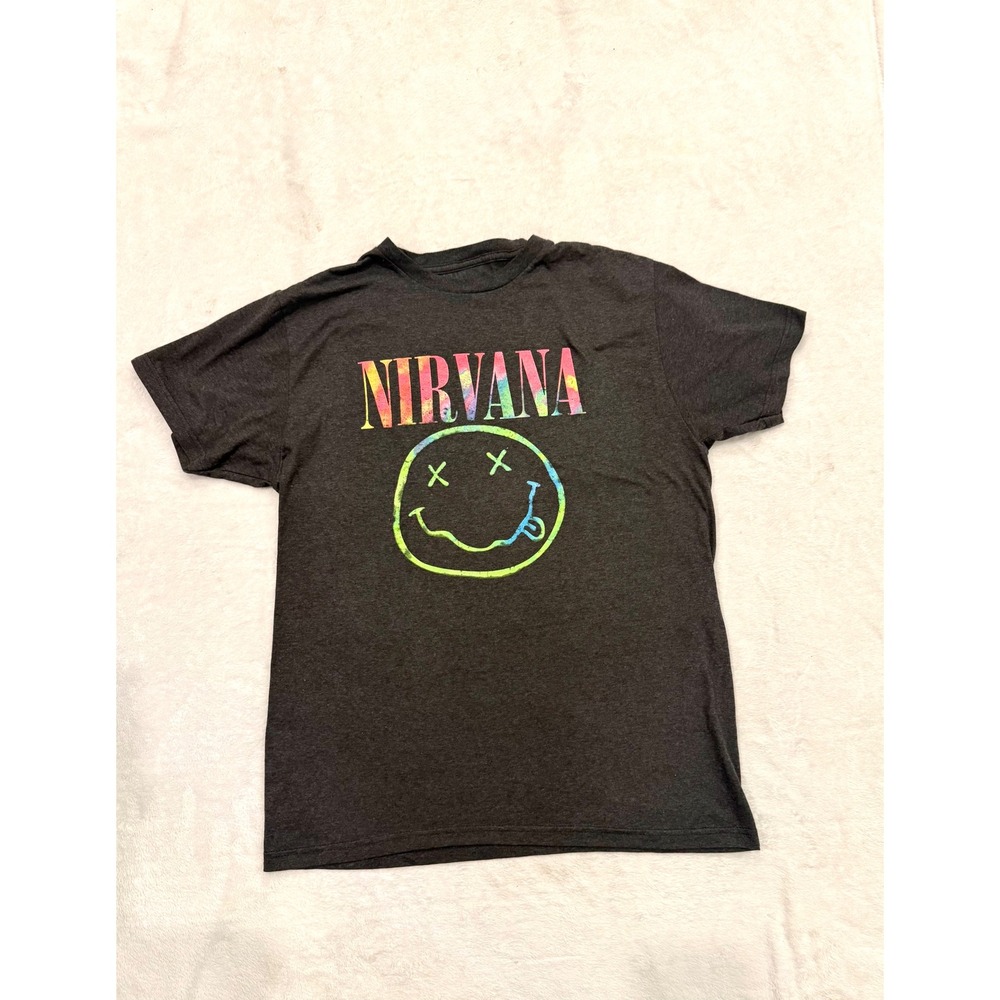 Nirvana Smiley Face Graphic Tee Charcoal Gray Tie Dye‎ Logo T-Shirt Mens Medium